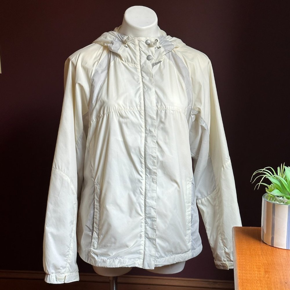 EDDIE BAUER Cream Gray Hooded Zip Packable Windbreaker Raincoat Jacket NWOT L